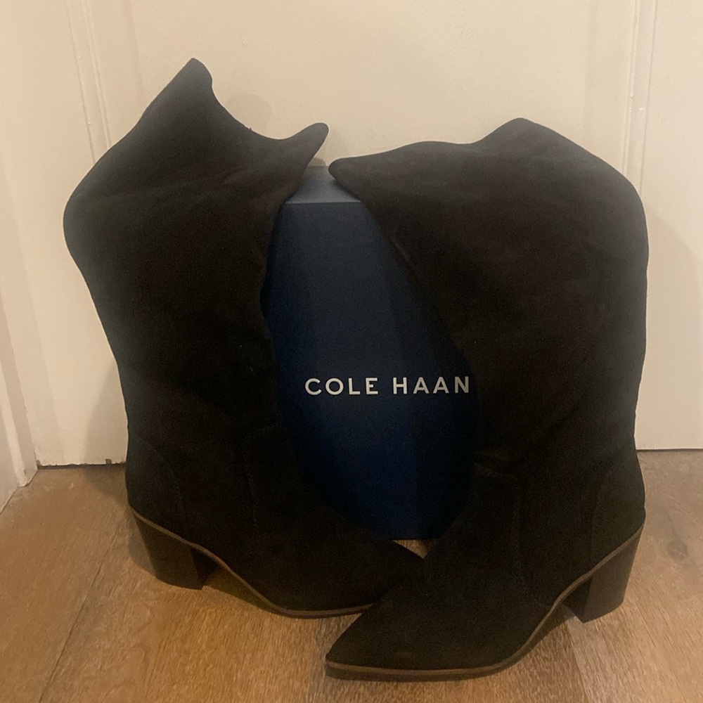 Black Suede, mid calf Cole Hahn Boots.
